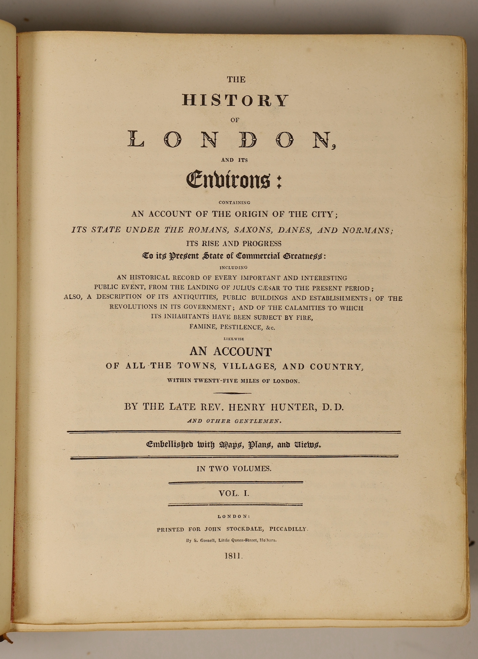 Hunter's History of London and its Environs by rev. Henry Hunter, published 1811, volumes I & II with engraved plates and folded maps